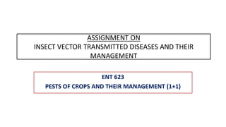 ASSIGNMENT ON
INSECT VECTOR TRANSMITTED DISEASES AND THEIR
MANAGEMENT
ENT 623
PESTS OF CROPS AND THEIR MANAGEMENT (1+1)
 