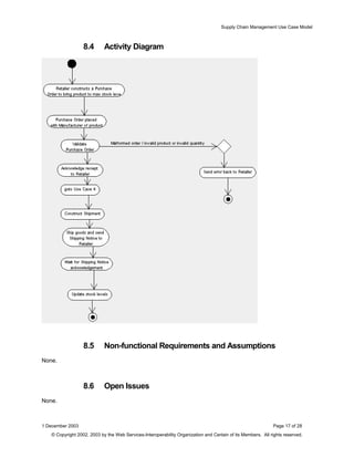 Supply Chain Management Use Case Model
8.4 Activity Diagram
8.5 Non-functional Requirements and Assumptions
None.
8.6 Open Issues
None.
1 December 2003 Page 17 of 28
© Copyright 2002, 2003 by the Web Services-Interoperability Organization and Certain of its Members. All rights reserved.
 