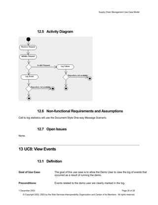 Supply Chain Management Use Case Model
12.5 Activity Diagram
12.6 Non-functional Requirements and Assumptions
Call to log statistics will use the Document Style One-way Message Scenario.
12.7 Open Issues
None.
13 UC8: View Events
13.1 Definition
Goal of Use Case: The goal of this use case is to allow the Demo User to view the log of events that
occurred as a result of running the demo.
Preconditions: Events related to the demo user are clearly marked in the log.
1 December 2003 Page 26 of 28
© Copyright 2002, 2003 by the Web Services-Interoperability Organization and Certain of its Members. All rights reserved.
 
