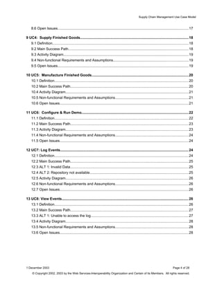 Supply Chain Management Use Case Model
8.6 Open Issues.................................................................................................................................17
9 UC4: Supply Finished Goods...........................................................................................................18
9.1 Definition......................................................................................................................................18
9.2 Main Success Path......................................................................................................................18
9.3 Activity Diagram...........................................................................................................................19
9.4 Non-functional Requirements and Assumptions..........................................................................19
9.5 Open Issues.................................................................................................................................19
10 UC5: Manufacture Finished Goods...............................................................................................20
10.1 Definition....................................................................................................................................20
10.2 Main Success Path....................................................................................................................20
10.4 Activity Diagram.........................................................................................................................21
10.5 Non-functional Requirements and Assumptions........................................................................21
10.6 Open Issues...............................................................................................................................21
11 UC6: Configure & Run Demo.........................................................................................................22
11.1 Definition....................................................................................................................................22
11.2 Main Success Path....................................................................................................................23
11.3 Activity Diagram.........................................................................................................................23
11.4 Non-functional Requirements and Assumptions........................................................................24
11.5 Open Issues...............................................................................................................................24
12 UC7: Log Events..............................................................................................................................24
12.1 Definition....................................................................................................................................24
12.2 Main Success Path....................................................................................................................25
12.3 ALT 1: Invalid Data.....................................................................................................................25
12.4 ALT 2: Repository not available.................................................................................................25
12.5 Activity Diagram.........................................................................................................................26
12.6 Non-functional Requirements and Assumptions........................................................................26
12.7 Open Issues...............................................................................................................................26
13 UC8: View Events.............................................................................................................................26
13.1 Definition....................................................................................................................................26
13.2 Main Success Path....................................................................................................................27
13.3 ALT 1: Unable to access the log................................................................................................27
13.4 Activity Diagram.........................................................................................................................28
13.5 Non-functional Requirements and Assumptions........................................................................28
13.6 Open Issues...............................................................................................................................28
1 December 2003 Page 4 of 28
© Copyright 2002, 2003 by the Web Services-Interoperability Organization and Certain of its Members. All rights reserved.
 