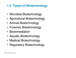 © 2013 Pearson Education, Inc.
1.2 Types of Biotechnology
• Microbial Biotechnology
• Agricultural Biotechnology
• Animal Biotechnology
• Forensic Biotechnology
• Bioremediation
• Aquatic Biotechnology
• Medical Biotechnology
• Regulatory Biotechnology
Memorize
 