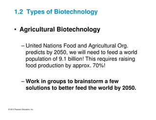 © 2013 Pearson Education, Inc.
1.2 Types of Biotechnology
• Agricultural Biotechnology
– United Nations Food and Agricultural Org.
predicts by 2050, we will need to feed a world
population of 9.1 billion! This requires raising
food production by approx. 70%!
– Work in groups to brainstorm a few
solutions to better feed the world by 2050.
 