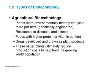 © 2013 Pearson Education, Inc.
1.2 Types of Biotechnology
• Agricultural Biotechnology
– Plants more environmentally friendly that yield
more per acre (genetically engineered)
– Resistance to diseases and insects
– Foods with higher protein or vitamin content
– Drugs developed and grown as plant products
– These better plants ultimately reduce
production costs to help feed the growing
world population
 