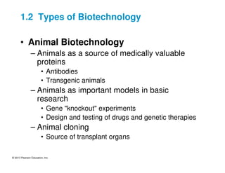 © 2013 Pearson Education, Inc.
1.2 Types of Biotechnology
• Animal Biotechnology
– Animals as a source of medically valuable
proteins
• Antibodies
• Transgenic animals
– Animals as important models in basic
research
• Gene "knockout" experiments
• Design and testing of drugs and genetic therapies
– Animal cloning
• Source of transplant organs
 