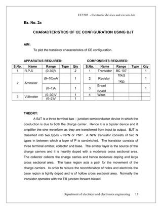 EE2207 - Electronic devices and circuits lab
Ex. No. 2a
CHARACTERISTICS OF CE CONFIGURATION USING BJT
AIM:
To plot the transistor characteristics of CE configuration.
APPARATUS REQUIRED: COMPONENTS REQUIRED:
S.No. Name Range Type Qty S.No. Name Range Type Qty
1 R.P.S (0-30)V 2 1 Transistor BC 107 1
2 Ammeter
(0–10)mA 1 2 Resistor
10kΩ
1KΩ
1
(0–1)A 1 3
Bread
Board
1
3 Voltmeter
(0–30)V 1 4 Wires
(0–2)V 1
THEORY:
A BJT is a three terminal two – junction semiconductor device in which the
conduction is due to both the charge carrier. Hence it is a bipolar device and it
amplifier the sine waveform as they are transferred from input to output. BJT is
classified into two types – NPN or PNP. A NPN transistor consists of two N
types in between which a layer of P is sandwiched. The transistor consists of
three terminal emitter, collector and base. The emitter layer is the source of the
charge carriers and it is heartily doped with a moderate cross sectional area.
The collector collects the charge carries and hence moderate doping and large
cross sectional area. The base region acts a path for the movement of the
charge carriers. In order to reduce the recombination of holes and electrons the
base region is lightly doped and is of hollow cross sectional area. Normally the
transistor operates with the EB junction forward biased.
Department of electrical and electronics engineering 13
 