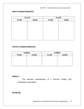 EE2207 - Electronic devices and circuits lab
INPUT CHARACTERISTICS:
VCE=1V VCE=2V
VBE(V) IB(μA) VBE(V) IB(μA)
OUTPUT CHARACTERISTICS:
IB=20µA IB=40µA
VCE(V) IC(mA) VCE(V) IC(mA)
RESULT:
The transistor characteristics of a Common Emitter (CE)
configuration were plotted
Ex.No.2b
Department of electrical and electronics engineering 16
 
