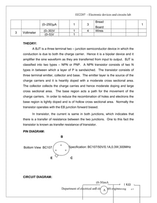 Bottom View BC107 Specification: BC107/50V/0.1A,0.3W,300MHz
+ -+
(0-30)mA
EE2207 - Electronic devices and circuits lab
(0–250)µA 1 3
Bread
Board
1
3 Voltmeter
(0–30)V 1 4 Wires
(0–5)V 1
THEORY:
A BJT is a three terminal two – junction semiconductor device in which the
conduction is due to both the charge carrier. Hence it is a bipolar device and it
amplifier the sine waveform as they are transferred from input to output. BJT is
classified into two types – NPN or PNP. A NPN transistor consists of two N
types in between which a layer of P is sandwiched. The transistor consists of
three terminal emitter, collector and base. The emitter layer is the source of the
charge carriers and it is heartily doped with a moderate cross sectional area.
The collector collects the charge carries and hence moderate doping and large
cross sectional area. The base region acts a path for the movement of the
charge carriers. In order to reduce the recombination of holes and electrons the
base region is lightly doped and is of hollow cross sectional area. Normally the
transistor operates with the EB junction forward biased.
In transistor, the current is same in both junctions, which indicates that
there is a transfer of resistance between the two junctions. One to this fact the
transistor is known as transfer resistance of transistor.
PIN DIAGRAM:
B
E C
CIRCUIT DIAGRAM:
Department of electrical and electronics engineering 21A
1 KΩ
 