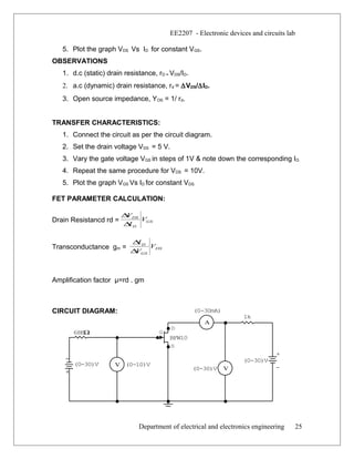 +
(0-30)V
68KΩ
V
+
(0-30)V
(0-30)V
1k
(0-30mA)
D
G
S
BFW10
-
+ (0-10)V
V
A
V
-
EE2207 - Electronic devices and circuits lab
5. Plot the graph VDS Vs ID for constant VGS.
OBSERVATIONS
1. d.c (static) drain resistance, rD = VDS/ID.
2. a.c (dynamic) drain resistance, rd = ∆VDS/∆ID.
3. Open source impedance, YOS = 1/ rd.
TRANSFER CHARACTERISTICS:
1. Connect the circuit as per the circuit diagram.
2. Set the drain voltage VDS = 5 V.
3. Vary the gate voltage VGS in steps of 1V & note down the corresponding ID.
4. Repeat the same procedure for VDS = 10V.
5. Plot the graph VGS Vs ID for constant VDS.
FET PARAMETER CALCULATION:
Drain Resistancd rd = GS
D
DS
V
I
V
∆
∆
Transconductance gm = DS
GS
D
V
V
I
∆
∆
Amplification factor μ=rd . gm
CIRCUIT DIAGRAM:
Department of electrical and electronics engineering 25
 
