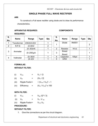 EE2207 - Electronic devices and circuits lab
SINGLE PHASE FULL WAVE RECTIFIER
AIM:
To construct a Full wave rectifier using diode and to draw its performance
characteristics.
APPARATUS REQUIRED: COMPONENTS
REQUIRED:
S.
No.
Name Range Type Qty
S.
No.
Name Range Type Qty
1 Transformer 230/(6-0-6)V 1
1
Diode IN4001
2
2 R.P.S (0-30)V 2
3 Ammeter
(0–30)mA 1 2 Resistor 1K Ω 1
(0–250)µA 1 3
Bread
Board
1
4 Voltmeter
(0–30)V 1 4 Capacitor 100µf 1
(0–2)V 1 5 CRO 1
FORMULAE:
WITHOUT FILTER:
(i) Vrms = Vm / √2
(ii) Vdc = 2Vm / ∏
(iii) Ripple Factor= √ (Vrms / Vdc)2
– 1
(iv) Efficiency = (Vdc / Vrms)2
x 100
WITH FILTER:
(i) Vrms = Vrpp /(2*√ 3)
(ii) Vdc = Vm – V rpp
(iv) Ripple Factor= Vrms’/ Vdc
PROCEDURE:
WITHOUT FILTER:
1. Give the connections as per the circuit diagram.
Department of electrical and electronics engineering 43
 