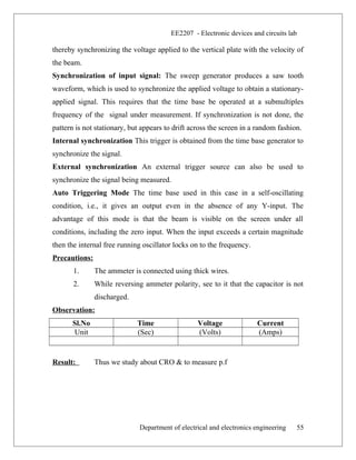 EE2207 - Electronic devices and circuits lab
thereby synchronizing the voltage applied to the vertical plate with the velocity of
the beam.
Synchronization of input signal: The sweep generator produces a saw tooth
waveform, which is used to synchronize the applied voltage to obtain a stationary-
applied signal. This requires that the time base be operated at a submultiples
frequency of the signal under measurement. If synchronization is not done, the
pattern is not stationary, but appears to drift across the screen in a random fashion.
Internal synchronization This trigger is obtained from the time base generator to
synchronize the signal.
External synchronization An external trigger source can also be used to
synchronize the signal being measured.
Auto Triggering Mode The time base used in this case in a self-oscillating
condition, i.e., it gives an output even in the absence of any Y-input. The
advantage of this mode is that the beam is visible on the screen under all
conditions, including the zero input. When the input exceeds a certain magnitude
then the internal free running oscillator locks on to the frequency.
Precautions:
1. The ammeter is connected using thick wires.
2. While reversing ammeter polarity, see to it that the capacitor is not
discharged.
Observation:
Sl.No Time Voltage Current
Unit (Sec) (Volts) (Amps)
Result: Thus we study about CRO & to measure p.f
Department of electrical and electronics engineering 55
 