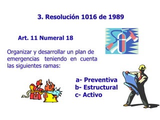 3. Resolución 1016 de 1989
Art. 11 Numeral 18
Organizar y desarrollar un plan de
emergencias teniendo en cuenta
las siguientes ramas:
a- Preventiva
b- Estructural
c- Activo
 