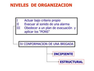 NIVELES DE ORGANIZACION
IV CONFORMACION DE UNA BRIGADA
I Actuar bajo criterio propio
II Evacuar al sonido de una alarma
III Obedecer a un plan de evacuación y
aplicar los “PONS”
INCIPIENTE
ESTRUCTURAL
 