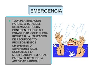EMERGENCIA
 TODA PERTURBACION
PARCIAL O TOTAL DEL
SISTEMA QUE PUEDA
PONER EN PELIGRO SU
ESTABILIDAD Y QUE PUEDA
REQUERIR LA UTILIZACION
DE RECURSOS Y/O
PROCEDIMIENTOS
DIFERENTES O
SUPERIORES A LOS
NORMALES Y LA
MODIFICACION TEMPORAL,
PARCIAL O TOTAL DE LA
ACTIVIDAD LABORAL.
 
