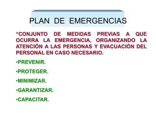 PLAN DE EMERGENCIAS
“CONJUNTO DE MEDIDAS PREVIAS A QUE
OCURRA LA EMERGENCIA, ORGANIZANDO LA
ATENCIÓN A LAS PERSONAS Y EVACUACIÓN DEL
PERSONAL EN CASO NECESARIO.
•PREVENIR.
•PROTEGER.
•MINIMIZAR.
•GARANTIZAR.
•CAPACITAR.
 