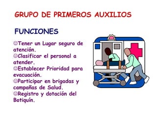 GRUPO DE PRIMEROS AUXILIOS
FUNCIONES
Tener un Lugar seguro de
atención.
Clasificar el personal a
atender.
Establecer Prioridad para
evacuación.
Participar en brigadas y
campañas de Salud.
Registro y dotación del
Botiquín.
 