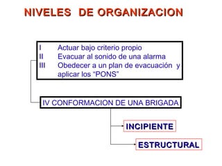 NIVELES DE ORGANIZACIONNIVELES DE ORGANIZACION
IV CONFORMACION DE UNA BRIGADA
I Actuar bajo criterio propio
II Evacuar al sonido de una alarma
III Obedecer a un plan de evacuación y
aplicar los “PONS”
INCIPIENTEINCIPIENTE
ESTRUCTURALESTRUCTURAL
 
