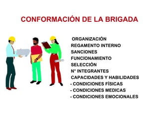 CONFORMACIÓN DE LA BRIGADA
ORGANIZACIÓN
REGAMENTO INTERNO
SANCIONES
FUNCIONAMIENTO
SELECCIÓN
N° INTEGRANTES
CAPACIDADES Y HABILIDADES
- CONDICIONES FÍSICAS
- CONDICIONES MEDICAS
- CONDICIONES EMOCIONALES
 