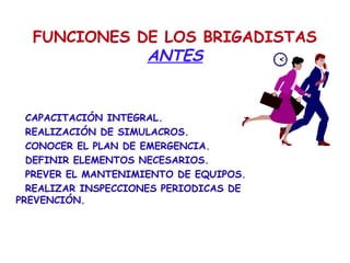 FUNCIONES DE LOS BRIGADISTAS
ANTES
CAPACITACIÓN INTEGRAL.
REALIZACIÓN DE SIMULACROS.
CONOCER EL PLAN DE EMERGENCIA.
DEFINIR ELEMENTOS NECESARIOS.
PREVER EL MANTENIMIENTO DE EQUIPOS.
REALIZAR INSPECCIONES PERIODICAS DE
PREVENCIÓN.
 