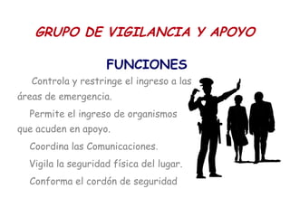 GRUPO DE VIGILANCIA Y APOYO
FUNCIONES
Controla y restringe el ingreso a las
áreas de emergencia.
Permite el ingreso de organismos
que acuden en apoyo.
Coordina las Comunicaciones.
Vigila la seguridad física del lugar.
Conforma el cordón de seguridad
 
