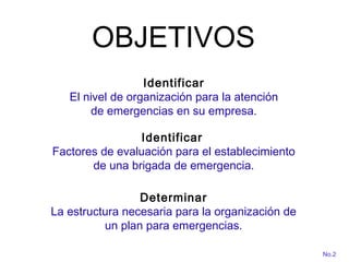 Determinar
La estructura necesaria para la organización de
un plan para emergencias.
OBJETIVOS
No.2
Identificar
El nivel de organización para la atención
de emergencias en su empresa.
Identificar
Factores de evaluación para el establecimiento
de una brigada de emergencia.
 