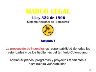MARCO LEGAL
1.Ley 322 de 1996
“Sistema Nacional de Bomberos”
Artículo 1Artículo 1
La prevención de incendios es responsabilidad de todas las
autoridades y de los habitantes del territorio Colombiano.
Adelantar planes, programas y proyectos tendientes a
disminuir su vulnerabilidad.
No.4
 