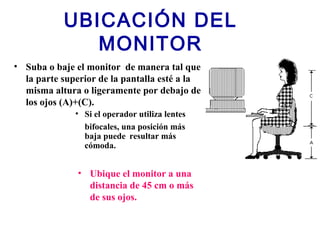UBICACIÓN DEL
MONITOR
• Suba o baje el monitor de manera tal que
la parte superior de la pantalla esté a la
misma altura o ligeramente por debajo de
los ojos (A)+(C).
• Si el operador utiliza lentes
bifocales, una posición más
baja puede resultar más
cómoda.
• Ubique el monitor a una
distancia de 45 cm o más
de sus ojos.
 
