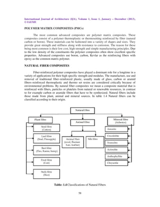 International Journal of Architecture (IJA), Volume 1, Issue 1, January – December (2013),
© IAEME
58
POLYMER MATRIX COMPOSITES (PMCs)
The most common advanced composites are polymer matrix composites. These
composites consist of a polymer thermoplastic or thermosetting reinforced by fiber (natural
carbon or boron). These materials can be fashioned into a variety of shapes and sizes. They
provide great strength and stiffness along with resistance to corrosion. The reason for these
being most common is their low cost, high strength and simple manufacturing principles. Due
to the low density of the constituents the polymer composites often show excellent specific
properties. Advanced composites use boron, carbon, Kevlar as the reinforcing fibers with
epoxy as the common matrix polymer.
NATURAL FIBER COMPOSITES
Fiber-reinforced polymer composites have played a dominant role for a longtime in a
variety of applications for their high specific strength and modulus. The manufacture, use and
removal of traditional fiber–reinforced plastic, usually made of glass, carbon or aramid
fibers–reinforced thermoplastic and thermo set resins are considered critically because of
environmental problems. By natural fiber composites we mean a composite material that is
reinforced with fibers, particles or platelets from natural or renewable resources, in contrast
to for example carbon or aramide fibers that have to be synthesized. Natural fibers include
those made from plant, animal and mineral sources. In table 1.4 Natural fibers can be
classified according to their origin.
Table: 1.4 Classifications of Natural Fibers
 