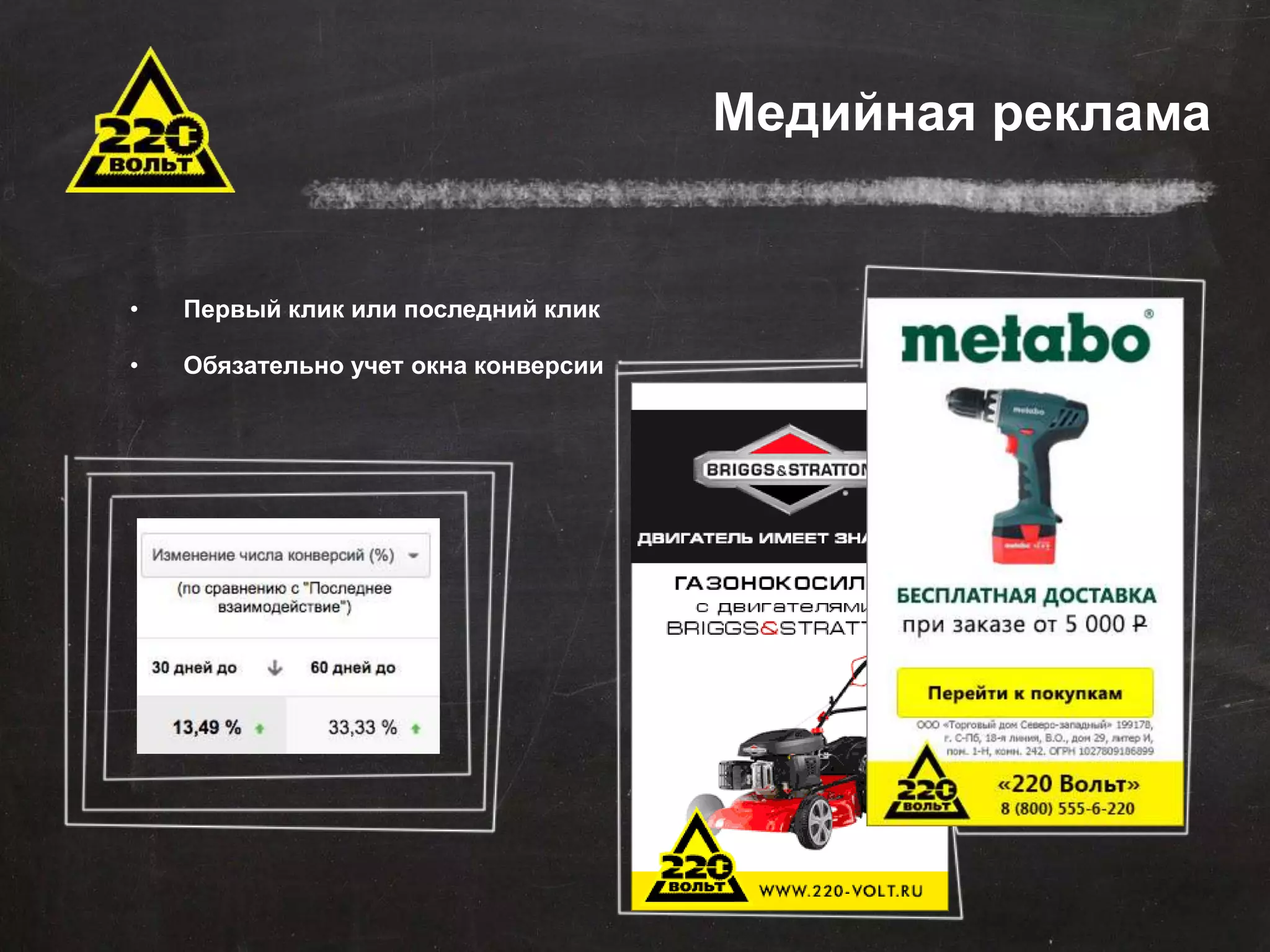 Медийная реклама 
• Первый клик или последний клик 
• Обязательно учет окна конверсии 
 