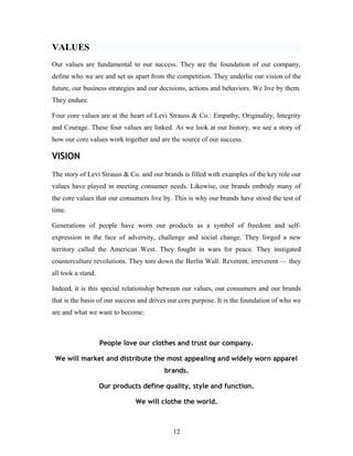 VALUES
Our values are fundamental to our success. They are the foundation of our company,
define who we are and set us apart from the competition. They underlie our vision of the
future, our business strategies and our decisions, actions and behaviors. We live by them.
They endure.
Four core values are at the heart of Levi Strauss & Co.: Empathy, Originality, Integrity
and Courage. These four values are linked. As we look at our history, we see a story of
how our core values work together and are the source of our success.
VISION
The story of Levi Strauss & Co. and our brands is filled with examples of the key role our
values have played in meeting consumer needs. Likewise, our brands embody many of
the core values that our consumers live by. This is why our brands have stood the test of
time.
Generations of people have worn our products as a symbol of freedom and self-
expression in the face of adversity, challenge and social change. They forged a new
territory called the American West. They fought in wars for peace. They instigated
counterculture revolutions. They tore down the Berlin Wall. Reverent, irreverent — they
all took a stand.
Indeed, it is this special relationship between our values, our consumers and our brands
that is the basis of our success and drives our core purpose. It is the foundation of who we
are and what we want to become:
People love our clothes and trust our company.
We will market and distribute the most appealing and widely worn apparel
brands.
Our products define quality, style and function.
We will clothe the world.
12
 