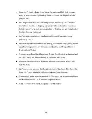 • Brand Levi’s Quality, Price, Brand Name, Reputation and Life Style is good,
where as Advertisement, Sponsorship, Circle of Friends and Slogan is neither
good nor bad.
• 40% people know about the e- shopping services provided by Levi’s and 32%
people know about the e- shopping services provided by Benetton. This shows
that people don’t have much knowledge about e- shopping service. Therefore they
don’t do shopping via internet.
• Levi’s product range is better than Benetton because 88% votes are being
gathered by Levi’s.
• People are agreed that Brand Levi’s is Trendy, Cool and has High Quality, neither
agreed nor disagreed that it is Innovative and Youthful and disagreed that it is
Traditional and Boring.
• People are agreed that Brand Benetton is Trendy, Cool, Innovative, Youthful and
has High Quality and disagreed that it is Traditional and Boring.
• People are satisfied with both the brands but more satisfied with Brand Levi’s
than Benetton.
• Levi’s showrooms are more than Benetton in most of the places. This shows that
Brand Levi’s have wider distribution network than Brand Benetton.
• People mainly notice advertisement in T.V., Newspaper and Magazines and these
advertisements have A Lot of influence on people choice.
• Every one wears other brands except Levi’s and Benetton.
46
 