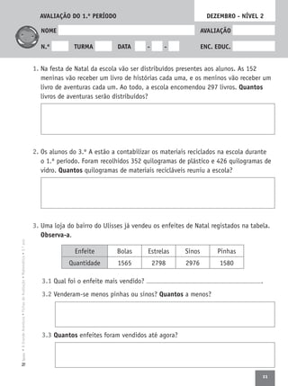 11
•AGrandeAventura•FichasdeAvaliação•Matemática•3.ºanoTexto
NOME AVALIAÇÃO
N.º TURMA DATA - - ENC. EDUC.
1. Na festa de Natal da escola vão ser distribuídos presentes aos alunos. As 152
meninas vão receber um livro de histórias cada uma, e os meninos vão receber um
livro de aventuras cada um. Ao todo, a escola encomendou 297 livros. Quantos
livros de aventuras serão distribuídos?
2. Os alunos do 3.º A estão a contabilizar os materiais reciclados na escola durante
o 1.º período. Foram recolhidos 352 quilogramas de plástico e 426 quilogramas de
vidro. Quantos quilogramas de materiais recicláveis reuniu a escola?
3. Uma loja do bairro do Ulisses já vendeu os enfeites de Natal registados na tabela.
Observa-a.
3.1 Qual foi o enfeite mais vendido? .
3.2 Venderam-se menos pinhas ou sinos? Quantos a menos?
3.3 Quantos enfeites foram vendidos até agora?
Enfeite Bolas Estrelas Sinos Pinhas
Quantidade 1565 2798 2976 1580
DEZEMBRO - NÍVEL 2AVALIAÇÃO DO 1.º PERÍODO
 