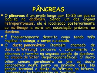 PÂNCREASPÂNCREAS
 OO pâncreaspâncreas é um órgão longo com 15-25 cm que seé um órgão longo com 15-25 cm que se
localiza nolocaliza no abdômenabdômen. Sendo um dos órgãos. Sendo um dos órgãos
retroperitoneaisretroperitoneais, ele é localizado posteriormente, ele é localizado posteriormente
aoao estômagoestômago e está em associação próxima aoe está em associação próxima ao
duodenoduodeno..
 É freqüentemente descrito como tendo trêsÉ freqüentemente descrito como tendo três
regiões: aregiões: a cabeçacabeça,, o corpoo corpo e ae a cauda.cauda.
 OO ducto pancreáticoducto pancreático (também chamado de(também chamado de
ducto de Wirsungducto de Wirsung) percorre o comprimento do) percorre o comprimento do
pâncreas e termina na segunda porção do duodeno,pâncreas e termina na segunda porção do duodeno,
nana ampola de Vaterampola de Vater (hepatopancreática). O ducto(hepatopancreática). O ducto
biliar comum geralmente se une ao ductobiliar comum geralmente se une ao ducto
pancreático neste ponto ou próximo dele.pancreático neste ponto ou próximo dele. NaNa
porção terminal o ducto de Wirsung se bifurca,porção terminal o ducto de Wirsung se bifurca,
 