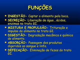 FUNÇÕESFUNÇÕES
 INGESTÃO-INGESTÃO- Captar o alimento pela boca.Captar o alimento pela boca.
 SECREÇÃO-SECREÇÃO- Liberação de água , ácidos,Liberação de água , ácidos,
enzimas no trato GI.enzimas no trato GI.
 MISTURA E PROPULSÃO-MISTURA E PROPULSÃO- Trituração eTrituração e
impulso do alimento no trato GI.impulso do alimento no trato GI.
 DIGESTÃO-DIGESTÃO- Degradação mecânica e químicaDegradação mecânica e química
do alimento.do alimento.
 ABSORÇÃO-ABSORÇÃO- Passagem dos produtosPassagem dos produtos
digeridos ao sangue e linfa.digeridos ao sangue e linfa.
 DEFECAÇÃO-DEFECAÇÃO- Eliminação de fezes do tratoEliminação de fezes do trato
GI.GI.
 