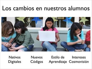 Los cambios en nuestros alumnos
Nativos
Digitales
Nuevos
Códigos
Estilo de
Aprendizaje
Intereses!
Cosmovisión
 