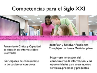 Competencias para el Siglo XXI
Century Skills has stated that,“all Americans, not just an elite few, need 21st century skills that will increase their marketability,
employability and readiness for citizenship,”such as:
Pensamiento Crítico y Capacidad
de decisión en entornos sobre-
informados
Identiﬁcar y Resolver Problemas
Complejos de forma Multidisciplinar
Ser capaces de comunicarse
y de colaborar con otros
Hacer uso innovador del
conocimiento, la información, y las
oportunidades para crear nuevos
servicios, procesos y productos
 
