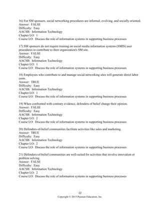 12
Copyright © 2015 Pearson Education, Inc.
16) For SM sponsors, social networking procedures are informal, evolving, and socially oriented.
Answer: FALSE
Difficulty: Easy
AACSB: Information Technology
Chapter LO: 1
Course LO: Discuss the role of information systems in supporting business processes
17) SM sponsors do not require training on social media information systems (SMIS) user
procedures to contribute to their organization's SM site.
Answer: FALSE
Difficulty: Easy
AACSB: Information Technology
Chapter LO: 1
Course LO: Discuss the role of information systems in supporting business processes
18) Employees who contribute to and manage social networking sites will generate direct labor
costs.
Answer: TRUE
Difficulty: Easy
AACSB: Information Technology
Chapter LO: 1
Course LO: Discuss the role of information systems in supporting business processes
19) When confronted with contrary evidence, defenders of belief change their opinion.
Answer: FALSE
Difficulty: Easy
AACSB: Information Technology
Chapter LO: 2
Course LO: Discuss the role of information systems in supporting business processes
20) Defenders-of-belief communities facilitate activities like sales and marketing.
Answer: TRUE
Difficulty: Easy
AACSB: Information Technology
Chapter LO: 2
Course LO: Discuss the role of information systems in supporting business processes
21) Defenders-of-belief communities are well-suited for activities that involve innovation or
problem solving.
Answer: FALSE
Difficulty: Easy
AACSB: Information Technology
Chapter LO: 2
Course LO: Discuss the role of information systems in supporting business processes
 