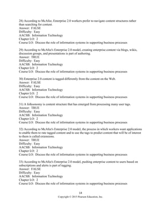 14
Copyright © 2015 Pearson Education, Inc.
28) According to McAfee, Enterprise 2.0 workers prefer to navigate content structures rather
than searching for content.
Answer: FALSE
Difficulty: Easy
AACSB: Information Technology
Chapter LO: 2
Course LO: Discuss the role of information systems in supporting business processes
29) According to McAfee's Enterprise 2.0 model, creating enterprise content via blogs, wikis,
discussion groups, and presentations is part of authoring.
Answer: TRUE
Difficulty: Easy
AACSB: Information Technology
Chapter LO: 2
Course LO: Discuss the role of information systems in supporting business processes
30) Enterprise 2.0 content is tagged differently from the content on the Web.
Answer: FALSE
Difficulty: Easy
AACSB: Information Technology
Chapter LO: 2
Course LO: Discuss the role of information systems in supporting business processes
31) A folksonomy is content structure that has emerged from processing many user tags.
Answer: TRUE
Difficulty: Easy
AACSB: Information Technology
Chapter LO: 2
Course LO: Discuss the role of information systems in supporting business processes
32) According to McAfee's Enterprise 2.0 model, the process in which workers want applications
to enable them to rate tagged content and to use the tags to predict content that will be of interest
to them is called extensions.
Answer: TRUE
Difficulty: Easy
AACSB: Information Technology
Chapter LO: 2
Course LO: Discuss the role of information systems in supporting business processes
33) According to McAfee's Enterprise 2.0 model, pushing enterprise content to users based on
subscriptions and alerts is part of tagging.
Answer: FALSE
Difficulty: Easy
AACSB: Information Technology
Chapter LO: 2
Course LO: Discuss the role of information systems in supporting business processes
 