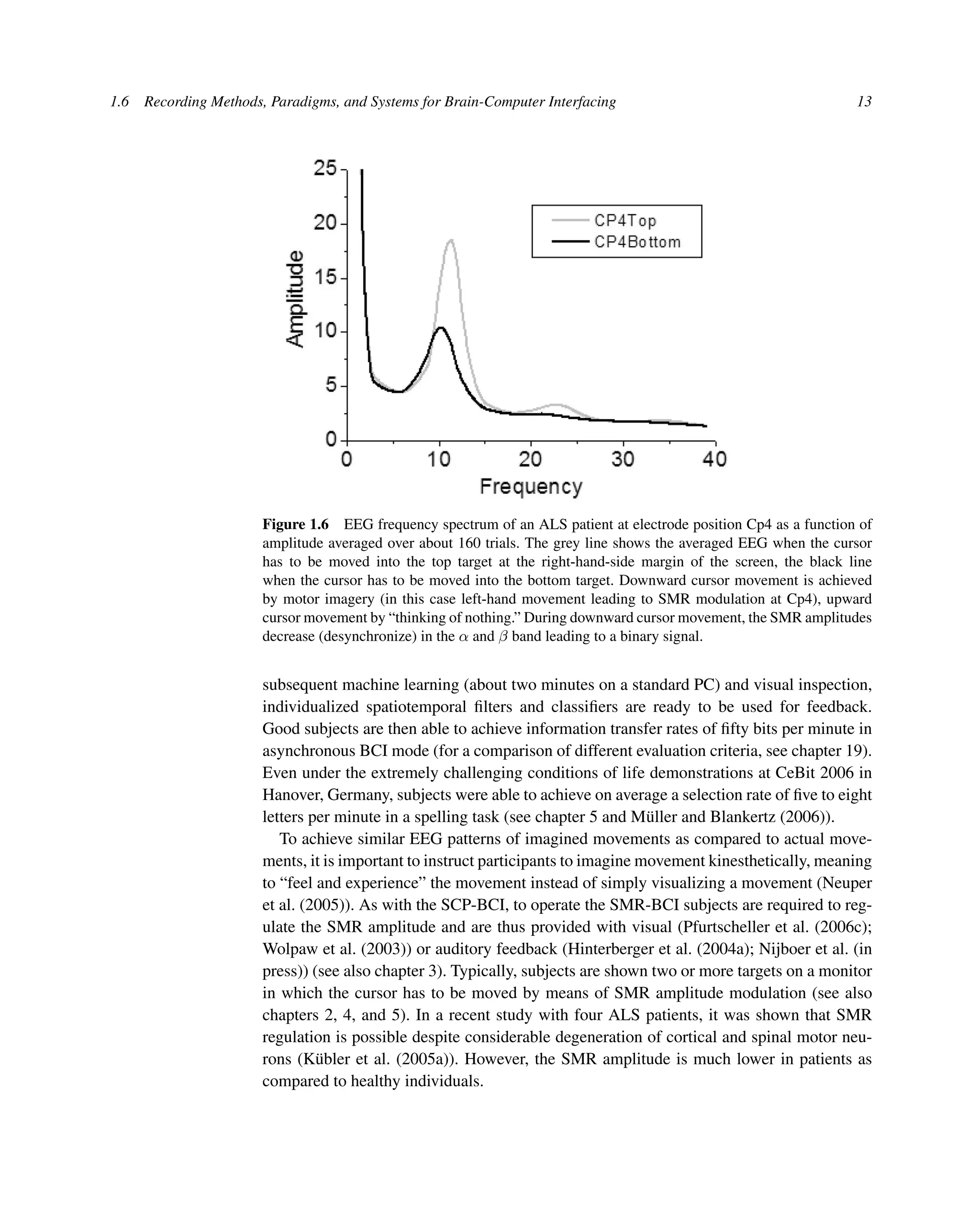 1.6 Recording Methods, Paradigms, and Systems for Brain-Computer Interfacing 13
Figure 1.6 EEG frequency spectrum of an ALS patient at electrode position Cp4 as a function of
amplitude averaged over about 160 trials. The grey line shows the averaged EEG when the cursor
has to be moved into the top target at the right-hand-side margin of the screen, the black line
when the cursor has to be moved into the bottom target. Downward cursor movement is achieved
by motor imagery (in this case left-hand movement leading to SMR modulation at Cp4), upward
cursor movement by “thinking of nothing.” During downward cursor movement, the SMR amplitudes
decrease (desynchronize) in the α and β band leading to a binary signal.
subsequent machine learning (about two minutes on a standard PC) and visual inspection,
individualized spatiotemporal ﬁlters and classiﬁers are ready to be used for feedback.
Good subjects are then able to achieve information transfer rates of ﬁfty bits per minute in
asynchronous BCI mode (for a comparison of different evaluation criteria, see chapter 19).
Even under the extremely challenging conditions of life demonstrations at CeBit 2006 in
Hanover, Germany, subjects were able to achieve on average a selection rate of ﬁve to eight
letters per minute in a spelling task (see chapter 5 and Müller and Blankertz (2006)).
To achieve similar EEG patterns of imagined movements as compared to actual move-
ments, it is important to instruct participants to imagine movement kinesthetically, meaning
to “feel and experience” the movement instead of simply visualizing a movement (Neuper
et al. (2005)). As with the SCP-BCI, to operate the SMR-BCI subjects are required to reg-
ulate the SMR amplitude and are thus provided with visual (Pfurtscheller et al. (2006c);
Wolpaw et al. (2003)) or auditory feedback (Hinterberger et al. (2004a); Nijboer et al. (in
press)) (see also chapter 3). Typically, subjects are shown two or more targets on a monitor
in which the cursor has to be moved by means of SMR amplitude modulation (see also
chapters 2, 4, and 5). In a recent study with four ALS patients, it was shown that SMR
regulation is possible despite considerable degeneration of cortical and spinal motor neu-
rons (Kübler et al. (2005a)). However, the SMR amplitude is much lower in patients as
compared to healthy individuals.
 