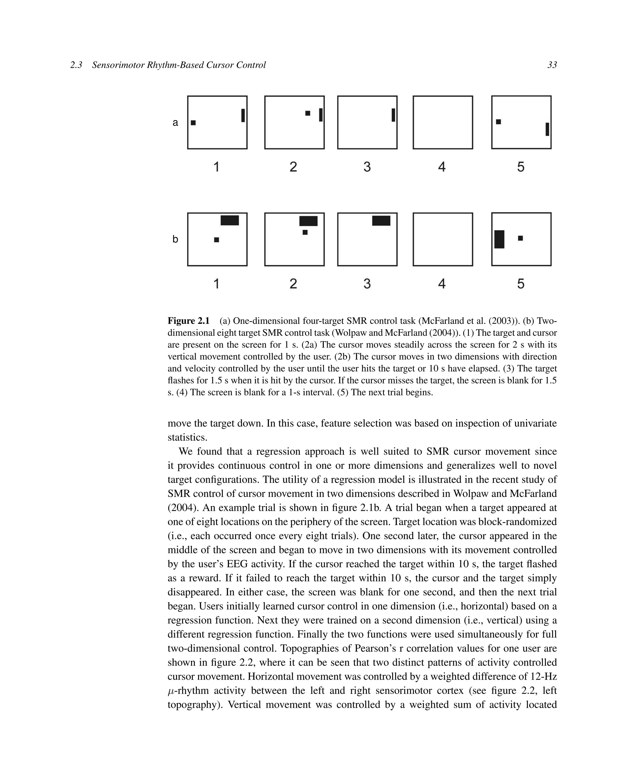 2.3 Sensorimotor Rhythm-Based Cursor Control 33
a
b
Figure 2.1 (a) One-dimensional four-target SMR control task (McFarland et al. (2003)). (b) Two-
dimensional eight target SMR control task (Wolpaw and McFarland (2004)). (1) The target and cursor
are present on the screen for 1 s. (2a) The cursor moves steadily across the screen for 2 s with its
vertical movement controlled by the user. (2b) The cursor moves in two dimensions with direction
and velocity controlled by the user until the user hits the target or 10 s have elapsed. (3) The target
ﬂashes for 1.5 s when it is hit by the cursor. If the cursor misses the target, the screen is blank for 1.5
s. (4) The screen is blank for a 1-s interval. (5) The next trial begins.
move the target down. In this case, feature selection was based on inspection of univariate
statistics.
We found that a regression approach is well suited to SMR cursor movement since
it provides continuous control in one or more dimensions and generalizes well to novel
target conﬁgurations. The utility of a regression model is illustrated in the recent study of
SMR control of cursor movement in two dimensions described in Wolpaw and McFarland
(2004). An example trial is shown in ﬁgure 2.1b. A trial began when a target appeared at
one of eight locations on the periphery of the screen. Target location was block-randomized
(i.e., each occurred once every eight trials). One second later, the cursor appeared in the
middle of the screen and began to move in two dimensions with its movement controlled
by the user’s EEG activity. If the cursor reached the target within 10 s, the target ﬂashed
as a reward. If it failed to reach the target within 10 s, the cursor and the target simply
disappeared. In either case, the screen was blank for one second, and then the next trial
began. Users initially learned cursor control in one dimension (i.e., horizontal) based on a
regression function. Next they were trained on a second dimension (i.e., vertical) using a
different regression function. Finally the two functions were used simultaneously for full
two-dimensional control. Topographies of Pearson’s r correlation values for one user are
shown in ﬁgure 2.2, where it can be seen that two distinct patterns of activity controlled
cursor movement. Horizontal movement was controlled by a weighted difference of 12-Hz
μ-rhythm activity between the left and right sensorimotor cortex (see ﬁgure 2.2, left
topography). Vertical movement was controlled by a weighted sum of activity located
 