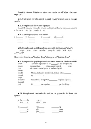 16
Aşază în coloane diferite cuvintele care conţin pe „ci" şi pe cele care-l
au pe „ce".
■ 24. Scrie cinci cuvinte care să înceapă cu „ce" şi cinci care să înceapă
cu „ci".
■ 25. Completează silaba care lipseşte:
bi__cletă, se__ra, pote__le, ze__le, __tătean, plă__re, capa___, __nema,
a__le, harni__, te__le, __reada, tă__re.
■ 26. Alcătuieşte cuvinte cu silabele:
a) ce______ b) ci______ c) ______ce d) ______ci
______ ______ ______ ______
______ ______ ______ ______
■ 27. Completează spaţiile goale cu grupurile de litere „ce" şi „ci":
__orapi, __ocni, __oban, __ocârlie, __omag, în__arcă, __apă,__artă,
__aşcă,__aţă.
Observaţie: Se scrie „ce" înainte de „a" şi se scrie „ci" înainte de „o".
■ 28. Completează spaţiile goale cu cuvintele alese din tabelul alăturat:
ceafă Ionel mi-a promis că azi_______să mă înveţe cum
ceapă se repară un______ şi de aceea vrea să________mai
ceas devreme ora de lucru, în atelierul şcolii .
cearnă
ceartă Mama, în fiecare dimineaţă, îmi dă câte o_______
ceaşcă cu___________.
ceaţă
încearcă Văzduhul a început să_________ fulgi de zăpadă.
înceapă
ceai O _________de copii se__________ pe derdeluş.
■ 29. Completează cuvintele de mai jos cu grupurile de litere care
lipsesc:
a) Ce _____lia __r__l
Mir_____a min____ună
b) _______le tre______ ________rip
_______pe ple______ ________neva
_______re pla______ ________teşte
 