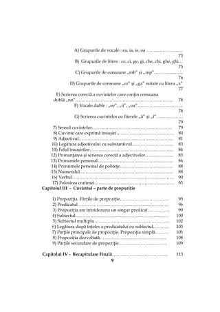 9
A) Grupurile de vocale : ea, ia, ie, oa …………………….
73
B) Grupurile de litere : ce, ci, ge, gi, che, chi, ghe, ghi…
75
C) Grupurile de consoane „mb” şi „mp”………………..
76
D) Grupurile de consoane „cs” şi „gz” notate cu litera „x”
77
E) Scrierea corectă a cuvintelor care conţin consoana
dublă „nn”………………………………………………………… 78
F) Vocale duble : „ee”, „ii”, „oa”………………………….
78
G) Scrierea cuvintelor cu literele „â” şi „î”………………
79
7) Sensul cuvintelor……………………………………………… 79
8) Cuvinte care exprimă însuşiri………………………………… 80
9) Adjectivul………………………………………………………. 81
10) Legătura adjectivului cu substantivul………………………. 83
11) Felul însuşirilor………………………………………………... 84
12) Pronunţarea şi scrierea corectă a adjectivelor………………. 85
13) Pronumele personal…………………………………………… 86
14) Pronumele personal de politeţe……………………………… 88
15) Numeralul……………………………………………………… 88
16) Verbul…………………………………………………………… 90
17) Folosirea cratimei……………………………………………… 93
Capitolul III - Cuvântul – parte de propoziţie
1) Propoziţia. Părţile de propoziţie…………………………… 95
2) Predicatul…………………………………………………….. 96
3) Propoziţia are întotdeauna un singur predicat…………… 99
4) Subiectul……………………………………………………… 100
5) Subiectul multiplu…………………………………………… 102
6) Legătura după înţeles a predicatului cu subiectul……….. 103
7) Părţile principale de propoziţie. Propoziţia simplă……… 105
8) Propoziţia dezvoltată……………………………………… 108
9) Părţile secundare de propoziţie…………………………… 109
Capitolul IV - Recapitulare Finală……………………………….. 113
 