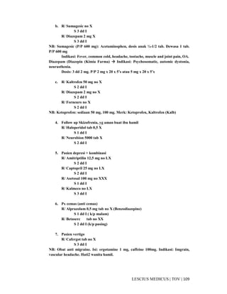 109|TOV|MEDICUSLESCIUS
b. R/ Sumagesic no X
S 3 dd I
R/ Diazepam 2 mg X
S 3 dd I
NB: Sumagesic (P/P 600 mg): Acetaminophen, dosis anak ¼-1/2 tab. Dewasa 1 tab.
P/P 600 mg
Indikasi: Fever, common cold, headache, tootache, muscle and joint pain, OA.
Diazepam (Diazepin (Kimia Farma) Indikasi: Psychosomatic, automic dystonia,
neurasthenia.
Dosis: 3 dd 2 mg. P/P 2 mg x 20 x 5’s atau 5 mg x 20 x 5’s
c. R/ Kaltrofen 50 mg no X
S 2 dd I
R/ Diazepam 2 mg no X
S 2 dd I
R/ Forneuro no X
S 2 dd I
NB: Ketoprofen: sediaan 50 mg, 100 mg. Merk: Ketoprofen, Kaltrofen (Kalb)
4. Follow up Skizofrenia, yg aman buat ibu hamil
R/ Haloperidol tab 0,5 X
S 1 dd I
R/ Neurobion 5000 tab X
S 2 dd I
5. Pasien depresi + kombinasi
R/ Amitriptilin 12,5 mg no LX
S 2 dd I
R/ Captopril 25 mg no LX
S 2 dd I
R/ Asetosal 100 mg no XXX
S 1 dd I
R/ Kalmeco no LX
S 3 dd I
6. Px cemas (anti cemas)
R/ Alprazolam 0,5 mg tab no X (Benzodiazepine)
S 1 dd I ( k/p malam)
R/ Betaserc tab no XX
S 2 dd I (k/p pusing)
7. Pasien vertigo
R/ Cafergot tab no X
S 3 dd I
NB: Obat anti migraine. Isi: ergotamine 1 mg, caffeine 100mg. Indikasi: Imgrain,
vascular headache. Hati2 wanita hamil.
 