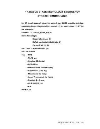 135|TOV|MEDICUSLESCIUS
17. KASUS STASE NEUROLOGY EMERGENCY
STROKE HEMORRHAGIK
Lk, 57, lemah separuh tubuh kiri sejak 6 jam SMRS sewaktu aktivitas,
mendadak lemas. Rwyt mual (+), muntah (+) 3x, nyeri kepala (+), HT (+)
tak terkontrol.
E3V4M5, TD 180/110, N 78x, RR 20.
Klinis Neurologis:
Kesan lateralisasi (S)
Reflek patologis (+) babinsky (S)
Parese N VII (S) SN
Dx/: Topik: Capsula Interna (D)
Dx/: SH ICB/IVH
Tx/: - MRS
- RL 12 tpm
- Head up 30 derajat
- O2 2-3 lpm
- Manitol 200cc lalu (6x100cc)
- Citicholin 2 x 250 mg
- Metamizole 3 x 1amp
- Asam Tranexamat 4 x 1 amp
- Ranitide 2 x 1 amp
- Vit B1B6B12 1x1
- KIE
Mx/ Kel, Vs
 