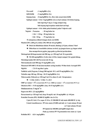 17|TOV|MEDICUSLESCIUS
Preventif : 1 mg/kgBB/x (3x)
KDS/KDK : 5 mg/kgBB/hr (2x)
Kejang lama : 8 mg/kgBB/hr (2x, 2hr), lalu sesuai dosis KDK
Epilepsi umum < 4 th: 5 mg/kgBB/hr (2x) @ hari selama 2 th bebas kejang,
lalu tapering 5 mg @ 2 mgg sampai stop,
bila kejang lagi terpaksa mulai dari nol lagi.
Epilepsi umum > 4 th: tidak pakai luminal, pakai Valproic acid
*Injeksi : Neonatus : 30 mg bolus im
< 1th / < 10 kg : 50 mg bolus im
>1th / 10 kg : 75 mg bolus im
selanjutnya dikiuti dengan dosis oral KDK
Manitol 20% (200 gr/L) infuse 250, 500 ml: 0,5 gr/kgBB/x
Dosis ini dihabiskan dalam 30 menit, diulang @ 8 jam, selama 3 hari
Diberikan to t/ensefalitis (edema serebri), tp jangan kasus yg ringan sebab
bisa memperberat gejala, juga pada yg disertai perdarahan.
Metisoprinol (R/Isoprenosin) tab 500 mg, syr 250 mg/5 ml to parotitis
50-100 mg/kgBB/hr (3x/hr) slm 4-10 hr, lanjut sampai 2 hr gejala hilang.
Metoklopramide HCl (R/Navoren) tab 10 mg
Metronodazole (tab 500 mg) 15 mg/kgBB/x (3x)
Monotard HM 400 U/10 ml (intermediate acting insulin) lihat dosis Actrapid HM
MgSO4 : 7,5-15 mg dlm 1 gelas
Nalidixic acid (Negram, Urineg) 500 mg/tab E. coli 55 mg/kgBB/hr (3x)
Nicholin amp 100 mg, 250 mg : 10-15 mg/kgBB/hr (1x)
Nifuroxazide (Nifural) syr 250 mg/5 ml to diare E coli / Streptomices
< 6 bln: 2cth I, > 6 bln: 3 x cth I
OBP syr (umur < 4th
): sesuai dosis PCT syr. OBH syr (umur > 4th
): sesuai dosis PCT syr
Oksitetra HCl : 5-10 mg/kgBB/x (im), 10-15 mg/kgBB/x (iv)
Ondansentron: 5 mg/m2
iv
Papaverin HCl: 2,5 mg/kgBB/hr
Paracetamol syr 120 mg/5 ml, drop 10 mg/0,1 ml: 10 mg/kgBB/x @ 4-8 jam
Penicilin Procain (PP): 50.000 IU/kgBB/x im (1x/2x)
3 juta IU/vial (+9 cc aqua 10 cc 300.000 IU/ml) maks 600.000 IU @ inj.
Untuk Gonoblenorea: PP tetes mata (15.000 unit/ml): @ 1 mnt selama 30 mnt
@ 5 mnt selama 30 mnt
PP injeksi im 100.000 unit/kgBB single dose
Pada yg resisten PP gentamisin tetes mata @ 1 jam
Pethidin HCl : 0,5-1 mg/kgBB/x
 