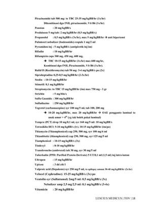 18|TOV|MEDICUSLESCIUS
Pirazinamide tab 500 mg: to TBC 25-35 mg/kgBB/hr (1x/hr)
Dikombinasi dgn INH, pirazinamide, Vit B6 (1x/hr)
Ponstan : 20 mg/kgBB/x
Prednisosn 5 mg/tab: 2 mg/kgBB/hr (0,5 mg/kgBB/x)
Propanolol : 0,5 mg/kgBB/x (3x/hr), max 5 mg/kgBB/hr anti hipertensi
Pulmicort nebulizer (budesonide) respule 1 mg/2 ml
Pyramidon inj : 5 mg/kgBB/x (antipiretik inj im)
Rifadin : 10 mg/kgBB/hr
Rifampicin caps 300 mg, 450 mg, 600 mg,
TBC 10-15 mg/kgBB/hr (1x/hr) max 600 mg/hr,
Kombinasi dgn INH, Pirazinamide, Vit B6 (1x/hr).
Rulid D (Roxithromycin) tab 50 mg: 3-4 mg/kgBB/x po (2x)
Siproheptadine 0,25-0,5 mg/kgBB/hr (2-3x/hr)
Stedin : 10-15 mg/kgBB/hr
Stimetil: 0,1 mg/kgBB/hr
Streptomycin: to TBC 15 mg/kgBB/hr (im) max 750 mg - 1 gr
Strichin : 5 mg/bln/x
Sulfa Guanida : 300 mg/kgBB/hr
Sulfadiazine : 250 mg/kgBB/hr
Tegretol (carbamazepine) syr 100 mg/5 ml, tab 100, 200 mg
10-20 mg.kgBB/hr, max 20 mg/kgBB/hr OAE pengganto luminal to
anak umur > 4th
(yg tak boleh pakai luminal)
Tempra (PCT) drop 10 mg/0,1 ml, syr 160 mg/5 ml: 10 mg/kgBB/x
Tetrasiklin HCl: 5-10 mg/kgBB/x (iv). 10-15 mg/kgBB/hr (im/po)
Thiamycin (Thiamphenicol) cap 250, 500 mg, syr 100 mg/4 ml
Thiambiotic (thiamphenicol) cap 250, 500 mg, syr 125 mg/5 ml
Tiamphenicol : 10-15 mg/kgBB/x (3x)
Tindexyl : 8-10 mg/kgBB/hr
Transbroncho (ambroxol) tab 30 mg, syr 30 mg/5 ml
Tuberkulin (PPD: Purified Protein Derivate) 5 UT/0,1 ml (1,5 ml) inj intra kutan
Ultrapen : 15 mg/kgBB/hr
Upixon : 3 dd cth I
Valproic acid (Depakene) syr 250 mg/5 ml, to epilepsy umum 30-40 mg/kgBB/hr (2x/hr)
Velocel (Cephradine): 15-25 mg/kgBB/x (3x) po
Ventolin syr (Salbutamol) 2mg/5 ml: 0,5 mg/kgBB/x (3x)
Nebulizer amp 2,5 mg/2,5 ml: 0,1 mg/kgBB/x (3-4x)
Vitamicin : 20 mg/kgBB/hr
 