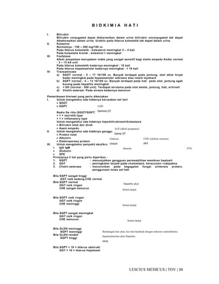 34|TOV|MEDICUSLESCIUS
B I O K I M I A H A T I
I. Bilirubin
Bilirubin conjugated dapat dieksresikan dalam urine bilirubin unconjugated tak dapat
dikeksresikan dalam urine. Uroblin pada ikterus kolestatik tak dapat dalam urine.
II. Kolestrol
Normalnya : 150 – 250 mg/100 cc
Pada ikterus kolestatik : kolesterol meningkat 3 – 4 kali
Pada kolestatis kronik : kolestrol > meningkat
III. Fosfatase
Alkali pospatase merupakan indek yang sangat sensitif bagi statis empedu Kadar normal
: 3 – 13 kA unit
Pada ikterus kolestatik kadarnya meningkat : 10 kali
Pada ikterus hepatoseluler kadarnya meningkat : < 10 kali
IV. Transaminase
a) SGOT normal : 5 – 17 10/100 cc. Banyak terdapat pada jantung, otot sklet hinjal
kadar meningkat pada hepatoseluler nekrosis atau intark myokard
b) SGPT normal : 4 – 13 10/100 cc. Banyak terdapat pada hati pada otot, jantung agak
kurang pada hepatitis meningkat
c) < DH (normal : 500 unit). Terdapat terutama pada otot skelet, jantung, hati, eritrosit
d) Cholin esterasi. Pada sirosis kadarnya menurun
Pemeriksaan kimiawi yang perlu dikerjakan
I. Untuk mengetahui ada tidaknya kerusakan sel hari
• SGOT
• SGPT
Radio De ritis (SGOT/SGPT) :
> 1 = necrotik type
< 1 = inflamatory type
Untuk mengetahui ada tidaknya hiperbilirubinemi/kolestasis
• Bilirubin total dan direk
• Asem empedu
II. Untuk mengetahui ada tidaknya gangguan fungsi metabolisme
• Protein total
• Albumin
• Elektroporesa protein
III. Untuk mengetahui penyakit akut/kronik
• IgG IgM
• Globulin
• SPE
Prinsipnya 3 hal yang perlu diperiksa :
1. SGPT : menunjukkan gangguan permeabilitas membran haptosit
2. GGT : peningkatan terjadi pada cholestasis, keracunan/ rudapaksa
3. Cholin esterase : menurunkan pada kegagalan fungsi sintensis protein,
penggunaan masa sel hati
Bila SGPT sangat tinggi
GGT naik sedang,CHE normal
Bila SGPT normal
GGT naik ringan
CHE sangat menurun
Bila SGPT naik ringan
GGT naik ringan
CHE meninggi
Bila SGPT sangat meningkat
GGT naik ringan
CHE menurun
Bila GLDH meninggi
SGPT meninggi
Bila GLDH rendah
SGPT tinggi
Bila SGPT < 10 = ikterus obstruktif
GGT > 10 = ikterus hepatoseluler
LDH
Gamma GT
ALP (alkali pospatase)
Gama GT
Glukosa
Ureum
Amonia
CHE (choline esterase)
PPT
PTTL
Hepatitis akut
Sirosis lanjut
Sirosis lanjut
Sirosis lanjut
Bendungan hati akut, lesi hati hipoksik dengan nekrosis sentrolobuler,
hepatotoksisitas akut Hepatitis
virus
 