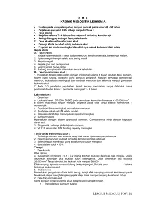 35|TOV|MEDICUSLESCIUS
C M L
KRONIK MIELOSITIK LEUKEMIA
• Insiden pada usia petengahan dengan puncak pada umur 40 - 50 tahun
• Perjalanan penyakit CML dibagi menjadi 2 fase :
1. Fase kronik
• Berjalan selama 2 - 4 tahun dan responsif terhadap komoterapi
• Sering dianggap sebagai fase preleukemia
2. Fase akselerasi/transformasi akut :
• Perangi klinik berubah mirip leukemia akut
• Proporsi sel muda meningkat dan akhirnya masuk kedalam blast crisis
Gejala klinik
A. Fase kronik
1 Gejala hipermetabolik : berat badan menurun, lemah anoreksia, berkeringat malam.
2 Splenomegali hampir selalu ada, sering masif
3 Hepatomegali
4 Gejala gout dan periapismus
5 Anemi sering hanya ringa
6 Kadang asimptomatis ditemukan secara kebetulan
B. Fase transformasi akut :
1. Perubahan terjadi pelan-pelan dengan prodromal selama 6 bulan keluhan baru: demam,
lelahm nyeri tulang, (setrum) yang semakin progresif. Respon terhadap kemotrerapi
menurun, leukositosis meningkat dan trombosit menurun dan akhirnya menjadi gambaran
leukemia akut.
2. Pada 1/3 penderita perubahan terjadi secara mendadak tanpa didahului masa
prodromal disebut krisis penderita meninggal 1 - 2 bulan
Laboratorium :
1 Darah tepi
a Leukosis berat : 20.000 - 50.000 pada permulaan kemudian biasanya >100.000 /mm
3
b Anemi mula-mula ringan menjadi progresif pada fase lanjut besifat normokrotik -
normokrotik
c Trombosit bisa meningkat, normal atau menurun
d Fosfatase alkali netrofil selalu rendah
e Hapusan darah tepi menunjukkan spektrum lengkap
2 Sumsum tulang
Hiperseluler dengan sistem granulosit dominan. Gambarannya mirip dengan hapusan
darah tepi.
3 Sitogenetik : adanya philadelpia kromosom
4 Vit B12 serum dan B12 binding capacity meningkat
Tanda-tanda tranformasi akut :
1 Timbulnya demam dan amenia yang tidak dapat dijelaskan penyebabnya
2 Respon penurunan leukosit terhadap kemoterapi tidak adekuat
3 Splenomegali membesar yang sebelumnya sudah mengecil
4 Blast dalam sutul > 10%
Therapi
1 Fase kronik
Obat pilihan
a Busulpham (myleran) : 0,1 - 0,2 mg/Kg BB/hari leukosit diperiksa tiap minggu. Dosis
diturunkan setengah jika leukosit turun setenganya. Obat dihentikan jika leukosit
20.000/mm3
Terapi dimulai jika leukosit naik menjadi 50.000
Efek samping: aplasia sumsum tulang berkepanjangan, fibrosis paru, bahwa
timbulnya leukemia akut.
b Hydroxiurea
Memerlukan pengaturan dosis lebih sering, tetapi efek samping minimal kemoterapi pada
fase kronik dapat menghilangkan gejala tetapi tidak memperpanjang ketahanan hidup
2 Fase transformasi akut
Sama dengan terapi leukemia akut, tetapi respon sangat rendah
• Transplantasi sumsum tulang
 
