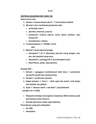 38|TOV|MEDICUSLESCIUS
D H F
KRITERIA DIAGNOSIS DHF (WHO ’98)
Semua harus ada :
1. Demam / riwayat demam akut 2 – 7 hari terutama bifasik.
2. Minimal 1 dari manifestasi perdarahan sbb :
• uji Rumple Leed +
• ptechiae, ekimosis, purpura
• perdarahan mukosa saluran cerna, bekas suntikan, atau
tempat lain
• hematemesis / melena
3. Trombositopenia ( < 100.000 / mm3)
atau
4. Minimal 1 tanda plasma leckage
• Hematokrit ↑↑↑↑ 20 % dibanding rata-rata orang dengan usia,
sex, dari populasi yang sama
• Hematokrit ↓↓↓↓ sehingga 20 % dari Hematokrit awal
• Efusi Pleura, asites, hiponatremia
Gradasi DHF :
1. Demam + gangguan konstitusional tidak khas perdarahan
berupa RL positif atau easybrushing
2. Derajat I + perdarahan spontan
3. Gagal sirkulasi Tensi ↓↓↓↓ , Nadi cepat dan lemah, kulit dingin
dan lembab, dan gelisah
4. Syok Tekanan darah ↓↓↓↓ dan Nadi ↑↑↑↑ yang fluktuatif
 (derajat 3 & 4 = DSS)
• Waspada terhadap kemungkinan terjadinya DSS terutama pada
saat demam mulai menurun
• Rumple leed harus selalu ingat diperiksa
Pemeriksaan yang perlu dikerjakan
• DL (HB)
• Hematokrit
 