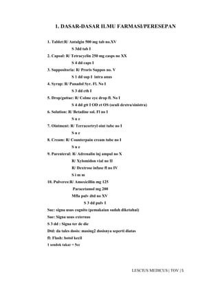 5|TOV|MEDICUSLESCIUS
1. DASAR-DASAR ILMU FARMASI/PERESEPAN
1. Tablet:R/ Antalgin 500 mg tab no.XV
S 3dd tab I
2. Capsul: R/ Tetracyclin 250 mg casps no XX
S 4 dd caps I
3. Suppositoria: R/ Proris Suppos no. V
S 1 dd sup I intra anus
4. Syrup: R/ Panadol Syr. Fl. No I
S 3 dd cth I
5. Drop/guttae: R/ Colme eye drop fl. No I
S 4 dd gtt I OD et OS (oculi dextra/sinistra)
6. Solution: R/ Betadine sol. Fl no I
S u e
7. Ointment: R/ Terracortryl oint tube no I
S u e
8. Cream: R/ Counterpain cream tube no I
S u e
9. Parenteral: R/ Adrenalin inj ampul no X
R/ Xylomidon vial no II
R/ Dextrose infuse fl no IV
S i m m
10. Pulveres:R/ Amoxicillin mg 125
Paracetamol mg 200
Mfla pulv dtd no XV
S 3 dd pulv I
Suc: signa usus cognito (pemakaian sudah diketahui)
Sue: Signa usus externus
S 3 dd : Signa ter de die
Dtd: da tales dosis: masing2 dosisnya seperti diatas
fl: Flash: botol kecil
1 sendok takar = 5cc
 