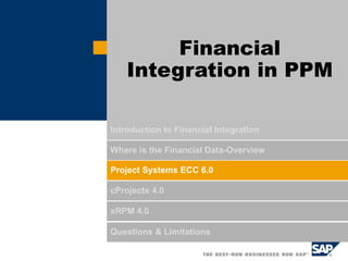 Introduction to Financial Integration
Where is the Financial Data-Overview
Project Systems ECC 6.0
cProjects 4.0
xRPM 4.0
Questions & Limitations
Financial
Integration in PPM
 